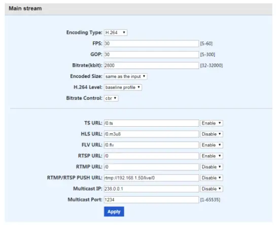 Main Stream Encoding Setting