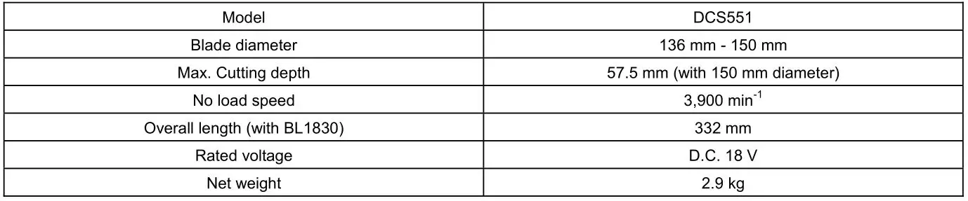 makita DCS551 Cordless Metal Cutter - SPECIFICATIONS