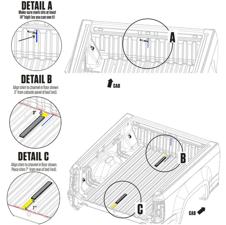DECKED MG3 In Vehicle Storage System Instruction Manual - MARK CENTER OF BED & SHIMS