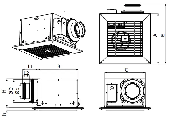 OVERALL AND CONNECTION DIMENSIONS OF THE FANS