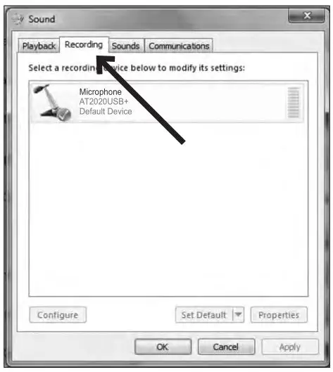 audio-technica Cardioid Condenser USB Microphone - Select the Recording tab