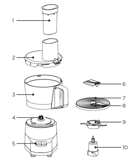 Commercial CHEF CHFP4MB 4 Cups 450 Watt Black 2 Blade Food Processor - PARTS DESCRIPTION
