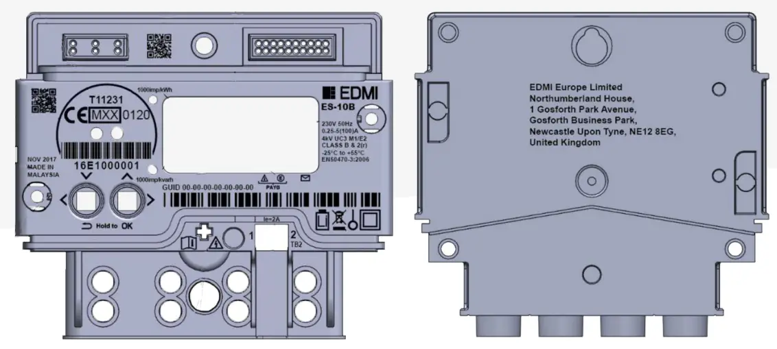 EDMI ES 10B 4 Terminal Single Phase Electricity Meter - Meter markings