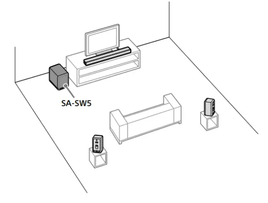 SONY SA-SW5 Optional Wireless Subwoofer Parts and Controls Front Power indicator Flashes slowly (green): The subwoofer is attempting to automatically connect to a compatible model. Lights up (green): The subwoofer is connected to a compatible model. Flashes twice repeatedly (green): The subwoofer is attempting to manually connect to a compatible model. Flashes/lights up (amber): The software is updating. Lights up (red): The subwoofer is in standby mode. Turns off: The subwoofer is turned off. Slit Note The brightness of the power indicator syncs with the DIMMER settings of a compatible model. Rear (power) button LINK button AC inlet Installation The following illustration is the installation example to use the subwoofer with the compatible model HT-A7000 and optional rear speakers. Install the subwoofer in the place that you want. You can install the subwoofer in the place that you want because the output sound from it has no directivity. The above illustration is the example for the installation of the subwoofer. Note:Install the subwoofer with the slit on the bottom, as shown in the “Parts and Controls” illustration. The subwoofer is not designed to be installed in a different orientation. Connection Tip: You can connect the optional rear speaker with a compatible model in the following way when installing it too. Turn on a compatible model. Connect the AC power cord (mains lead) (supplied) to the subwoofer and then connect the cord to the AC outlets (mains). Make sure that the power indicator on the subwoofer lights in green. When the power indicator lights in green, the connection between the subwoofer and a compatible model is established. For the cases below, follow the steps under “Performing a Manual Connection” to connect the subwoofer to a compatible model.  When you use multiple compatible models and want to specify the model to which you wish to connect the subwoofer. If you have previously connected other subwoofers to the compatible model. If you cannot connect the subwoofer to a compatible model automatically for any other reason. Performing a Manual Connection The following operation is described for the subwoofer used with the compatible model HT-A7000 or HT-A9. Use the remote control supplied with the compatible model HT-A7000 or HT-A9 when performing this operation. If you use other compatible models, refer to the Operating Instructions supplied with them. Press HOME The home menu appears on the TV screen. Select [Setup] - [Advanced Settings] on the  home menu. Settings] - [Start manual linking]. The [Start manual linking] screen appears on the TV screen. Press LINK on the subwoofer. The power indicator of the subwoofer that had LINK pressed flashes twice repeatedly in green. Select [Start]. The manual connection starts. The connecting process appears on the TV screen. To cancel the manual connection, select [Cancel]. When [Subwoofer] display [Connected], select [Finish]. Press (enter). The manual connection is established and the power indicator of the subwoofer lights in green. Note If you perform [Start manual linking], [Link mode] of [Wireless Speaker Settings] is set to [Manual] automatically. Only the speakers for which [Connected] has been displayed in Step 6 connect to a compatible model. If the subwoofer is not properly connected, perform the operation again from Step 1. If Wireless Transmission is Unstable If you use multiple wireless systems, such as a wireless LAN, the wireless signals may become unstable. In this case, the transmission may be improved by changing the following setting. The following operation is described for the subwoofer used with the compatible model HT-A7000 or HT-A9. Use the remote control supplied with the compatible model HT-A7000 or HT-A9 when performing this operation. If you use other compatible models, refer to the Operating Instructions supplied with them. Press HOME. The home menu appears on the TV screen. Select [Setup] - [Advanced Settings] on the home menu.  Select [Speaker Settings] - [Wireless Speaker Settings] - [RF Channel]. Select the setting you want.  [On] (default setting): Normally select this. The system automatically selects the better channel for transmission. Stronger mode for wireless interference. [Off]: The system selects a channel from the limited frequency band to prevent external wireless interference. If sound dropping occurs while [On] is selected, it may be improved by selecting [Off]. Note If you change the [RF Channel] setting from [Off] to [On], it may take 1 minute to reconnect. A compatible model may not meet this setting depending on countries/regions where you purchase it. Troubleshooting If you experience any of the following difficulties while using the subwoofer, use this troubleshooting guide to help remedy the problem before requesting repairs. Should any problem persist, consult your nearest Sony dealer. Be sure to bring all of your subwoofers, a compatible model and optional rear speakers (not supplied) even if it seems as though only one has a problem when you request to repair. The following solutions are described for the subwoofer used with the compatible model HT-A7000 or HT-A9. If you use other compatible models, refer to the Operating Instructions supplied with them. No sound or only a very low-level sound is heard from the subwoofer. Press SW  (volume) + or BASS + on the remote control of a compatible model to increase the subwoofer volume. Make sure that the power indicator on the subwoofer is lit in green. If the power indicator on the subwoofer does not light, try the following. Make sure the AC power cord (mains lead) of the subwoofer is connected properly. Press (power) of the subwoofer to turn on the power. If the power indicator on the subwoofer flashes slowly in green or lights in red, try the following. Move the subwoofer to a location near a compatible model so that the power indicator on the subwoofer lights in green. Follow the steps in “Performing a Manual Connection.” Check the wireless connection status. For details, refer to the Operating Instructions supplied with a compatible model.. If the power indicator on the subwoofer flashes in red, press  (power) of the subwoofer to turn off the power and check whether the ventilation holes of the subwoofer is blocked or not. If the input sources contain very little bass sound components (i.e., a TV broadcast), the sound from the subwoofer may be difficult to hear. You can check the subwoofer sound by emitting the test tone. Set the night mode to off. For details, refer to the Operating Instructions supplied with a compatible model. If you change the [RF Channel] setting from [Off] to [On], it may take 1 minute for the sound to be output. Sound skips or has noise. If there is a device nearby that generates electromagnetic waves, such as a wireless LAN or a microwave oven in use, locate the subwoofer and a compatible model apart from it. If there is an obstacle between the subwoofer and a compatible model, move or remove it. Locate the subwoofer and a compatible model as close as possible. Change the [RF Channel] setting to [Off], and then change to [On] again. Switch the network connection of the TV or Blu-ray Disc player from wireless to wired. Change the [Wireless Playback Quality] setting to [Connection]. Specifications POWER OUTPUT (reference) 300 W (at 2 ohms, 100 Hz) Speaker system Subwoofer speaker system, Passive radiator type Speaker 180 mm cone type 200 mm × 300 mm cone type, Passive radiator Power requirements 120 V - 240 V AC, 50 Hz/60 Hz Power consumption On: 43 W Standby mode: 1 W or less Turned off: 0.5 W or less Dimensions (approx.) (w/h/d) 277 mm × 409 mm × 422 mm (not including the projection portion) Mass (approx.) 13.0 kg Wireless transmitter/receiver section Communication system Wireless Sound Specification Version 4.0 Frequency band 5 GHz Modulation method OFDM Included items Subwoofer (1) AC power cord (mains lead) (2) Operating Instructions (1) Important information on software This product contains software that is subject to the GNU General Public License (“GPL”) or GNU Lesser General Public License (“LGPL”). These establish that customers have the right to acquire, modify, and redistribute the source code of said software in accordance with the terms of the GPL or the LGPL. For the method to confirm the GPL, LGPL and other software licenses contained in the subwoofer, please refer to the Operating Instructions of a compatible model. When you use the compatible model HT-A7000 or HT-A9, please refer to [Software License Information] under [Setup] - [Advanced Settings] - [System Settings] on the home menu. You may find a copy of the relevant source code as required under the GPLv2 (and other licenses) at https://oss.sony.net/Products/Linux You may obtain the source code as required by the GPLv2 on a physical medium from us for a period of three years after our last shipment of this product by applying through the form at  https://oss.sony.net/Products/Linux This offer is valid to anyone in receipt of this information. Please note that Sony cannot answer or respond to any inquiries regarding the content of this source code. All other trademarks are trademarks of their respective owners. WARNING Do not install the subwoofer in a confined space, such as a bookcase or built-in cabinet. To reduce the risk of fire, do not cover the ventilation opening of the subwoofer with newspapers, tablecloths, curtains, etc. Do not expose the subwoofer to naked flame sources (for example, lighted candles). To reduce the risk of fire or electric shock, do not expose this subwoofer to dripping or splashing, and do not place objects filled with liquids, such as vases, on the subwoofer. The subwoofer is not disconnected from the mains as long as it is connected to the AC outlet, even if the subwoofer itself has been turned off. As the mains plug is used to disconnect the subwoofer from the mains, connect the subwoofer to an easily accessible AC outlet. Should you notice an abnormality in the subwoofer, disconnect the main plug from the AC outlet immediately. Do not place this product close to medical devices This product (including accessories) has a magnet(s) which may interfere with pacemakers, programmable shunt valves for hydrocephalus treatment, or other medical devices. Do not place this product close to persons who use such medical devices. Consult your doctor before using this product if you use any such medical device. Indoor use only. Precautions On safety Should any solid object or liquid fall into the subwoofer, unplug the system and have it checked by qualified personnel before operating it any further. Do not climb on the subwoofer, as you may fall down and injure yourself, or the subwoofer damage may result. On power sources Before operating the subwoofer, check that the operating voltage is identical to your local power supply. The operating voltage is indicated on the nameplate at the rear of the subwoofer. If you are not going to use the subwoofer for a long time, be sure to disconnect the subwoofer from the wall outlet (mains). To disconnect the AC power cord (mains lead), grasp the plug itself; never pull the cord. One blade of the plug is wider than the other for the purpose of safety and will fit into the wall outlet (mains) only one way. If you are unable to insert the plug fully into the outlet, contact your dealer. AC power cord (mains lead) must be changed only at a qualified service shop. On heat buildup Although the subwoofer heats up during operation, this is not a malfunction. If you continuously use this subwoofer at high volume, the subwoofer temperature at the rear and bottom rises considerably. To avoid burning yourself, do not touch the subwoofer. On placement Do not place the subwoofer near heat sources or in a place subject to direct sunlight, excessive dust, or mechanical shock. Do not place metal objects other than a TV around the subwoofer. Wireless functions may be unstable. If the subwoofer is being used in combination with a TV, VCR, or tape deck, noise may result and picture quality may suffer. In such a case, place the subwoofer away from the TV, VCR, or tape deck. Use caution when placing the subwoofer on a surface that has been specially treated (with wax, oil, polish, etc.), as staining or discoloration of the surface may result. The speakers of this subwoofer are not of magnetically shielded type. Do not place magnetic cards on the subwoofer or near it. If you encounter color irregularity on anearby TV screen Color irregularities may be observed on certain types of TV sets. On cleaning Clean the subwoofer with a soft, dry cloth. Do not use any type of abrasive pad, scouring powder, or solvent such as alcohol or benzine. If you have any question or problem concerning your system, please consult your nearest Sony dealer.