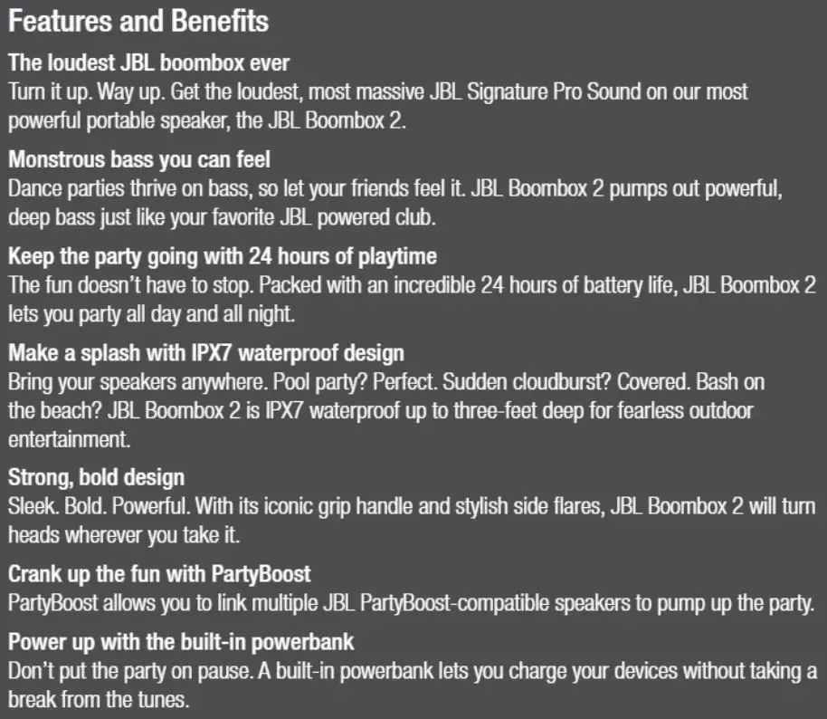 JBL BoomBox2 Portable Bluetooth Speaker - Features and Benefit