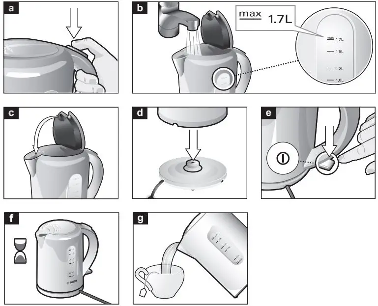 BOSCH TWK760.GB Cordless Electric Kettle Instruction Manual - Fig A to G