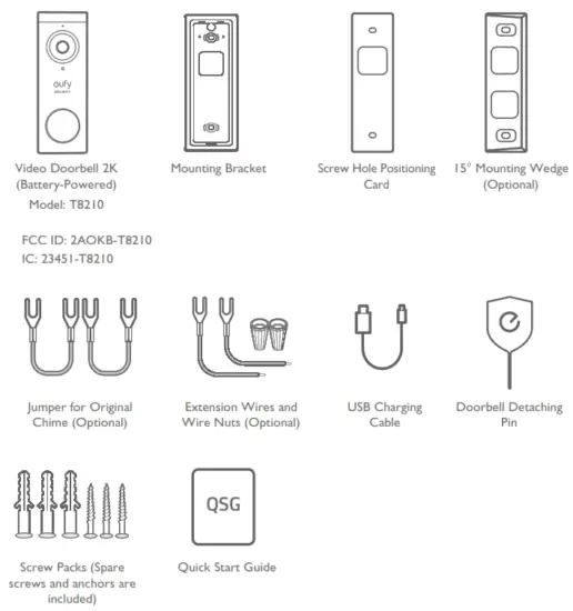 eufy T8210 Wireless Video Doorbell 2K Battery Powered Set - INCLUDED