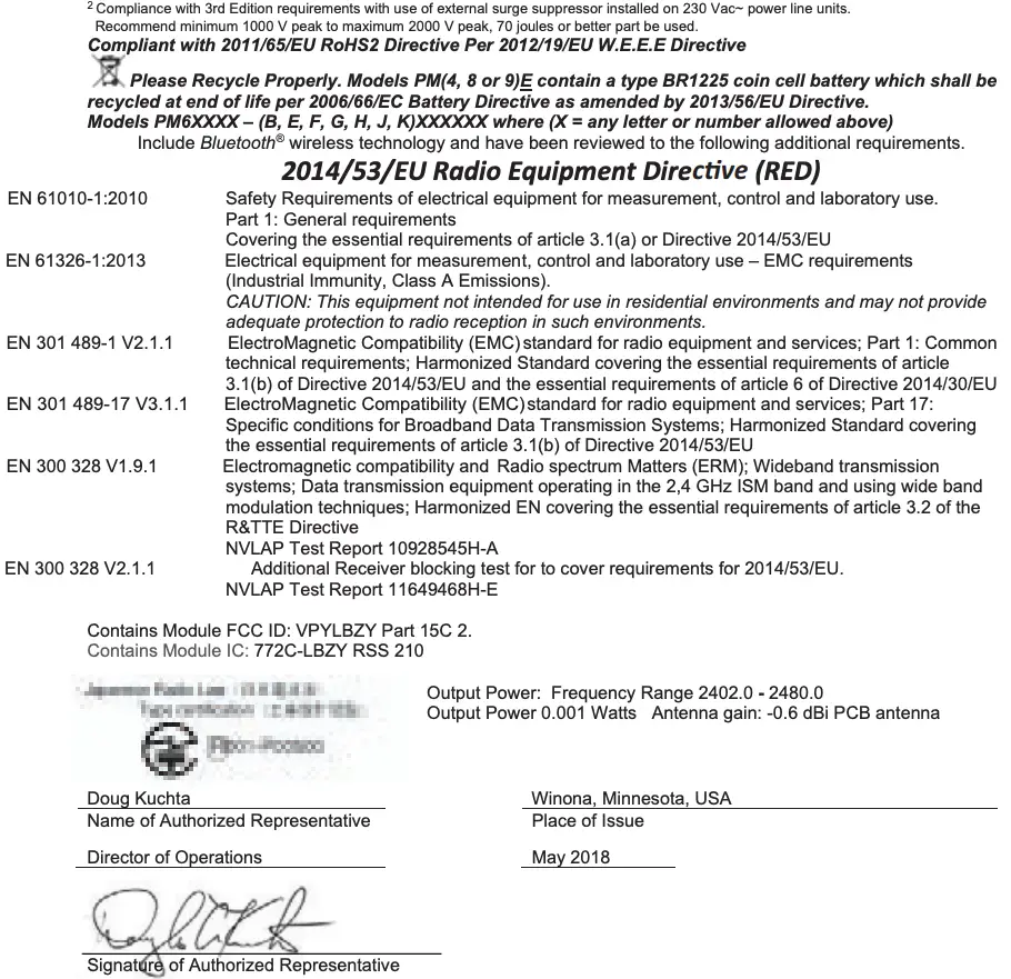 Declaration of Conformity Continued