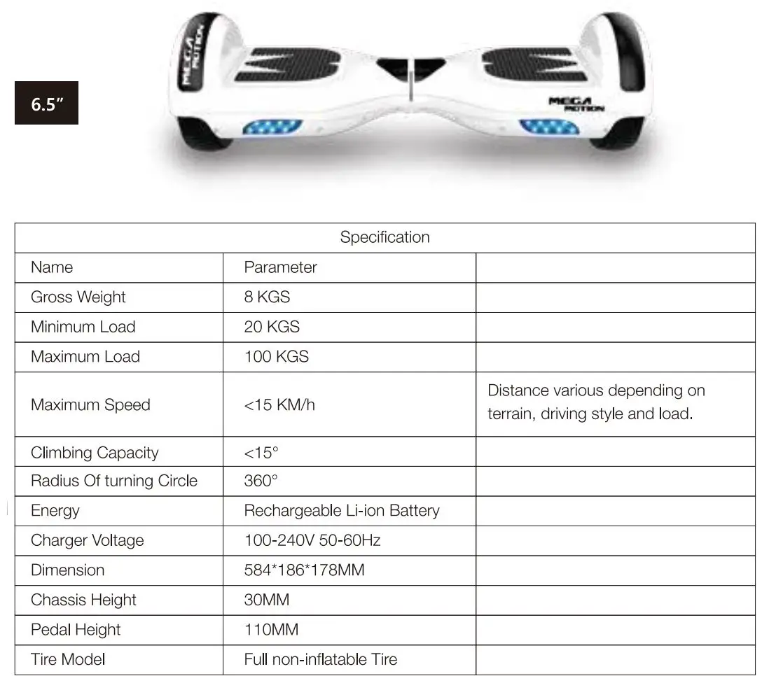 LIKE SPORTING MEGA MOTION Electric Scooter User Manual - The specification of the electric scooter