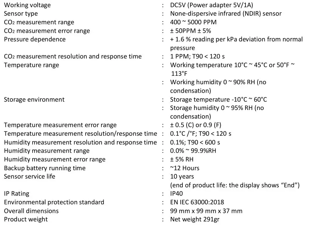 resistex R200 Carbon Dioxide Monitor - Specifications