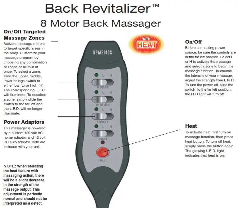 Homedics VC-180 Back Revitalizer 8 Motor Back Massager - Massage Zones