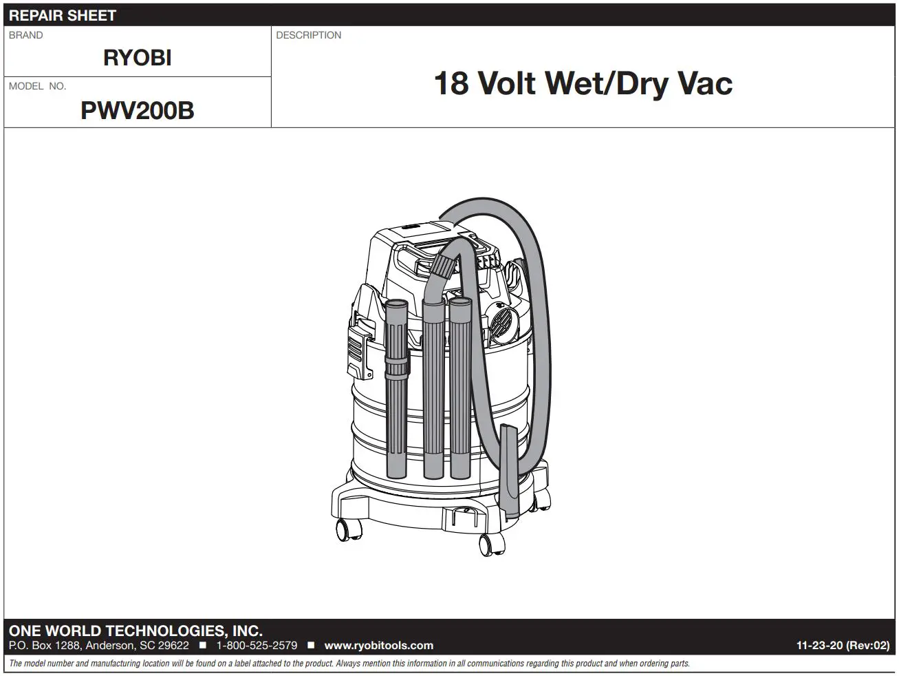 RYOBI 18 Volt Wet Dry Vac PWV200B User Guide