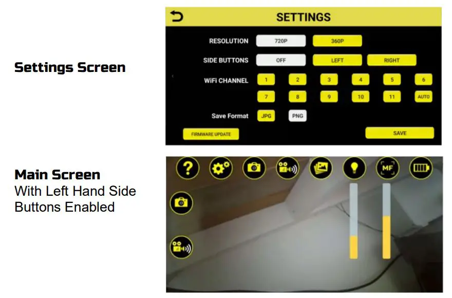 FERRET CFWF50S Multipurpose Wireless Inspection Camera User Guide - Settings Screen