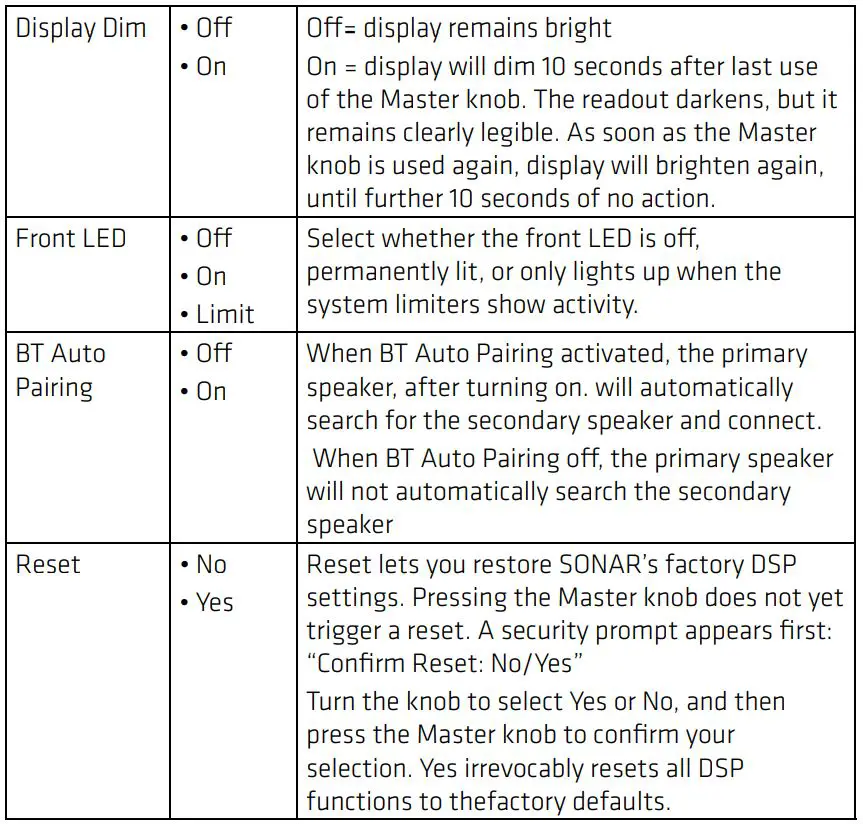 HK AUDIO 110 Xi Portable Wireless Speaker Instruction Manual - Menu options