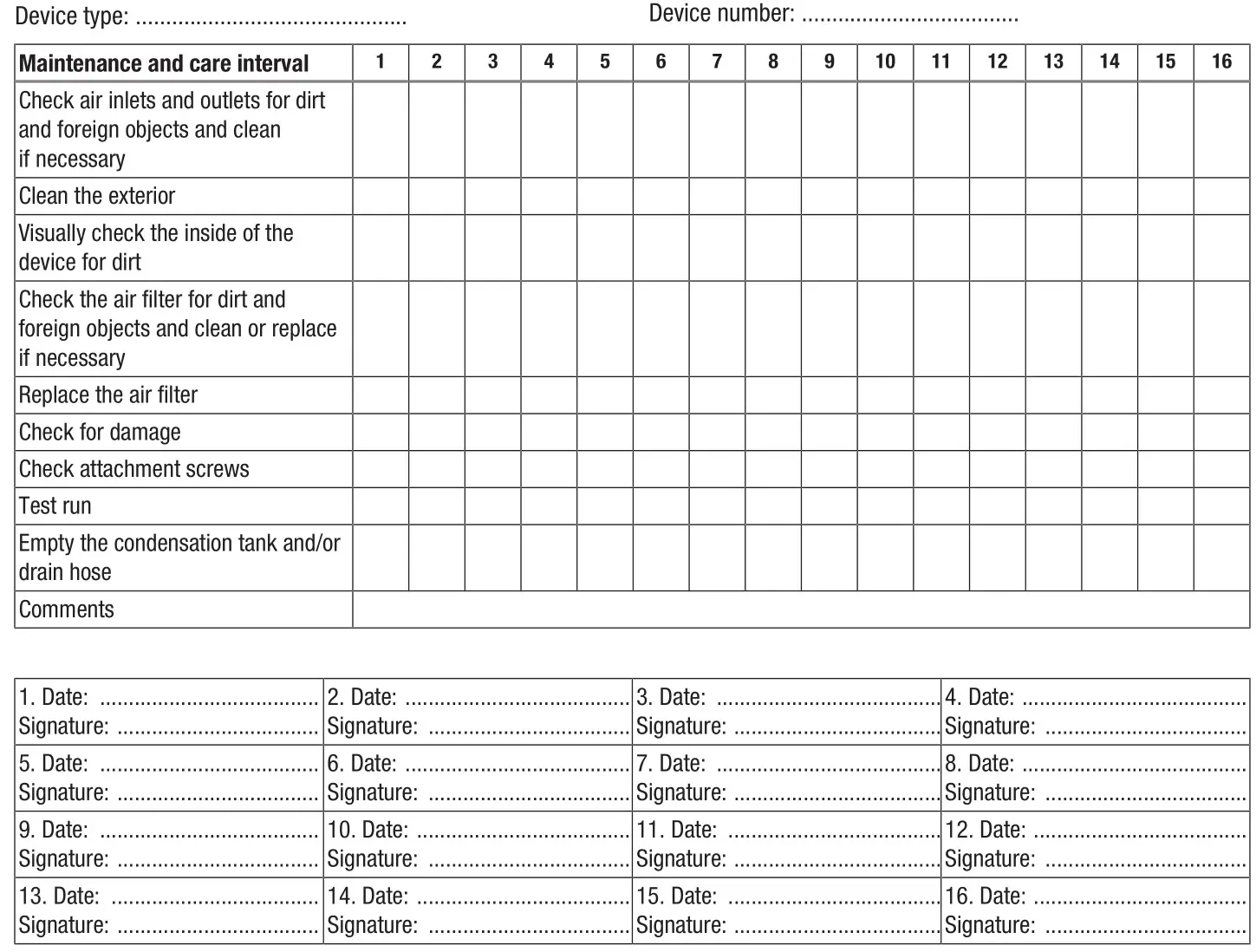 TROTEC TTK 120 E Comfort dehumidifier - Maintenance and care log