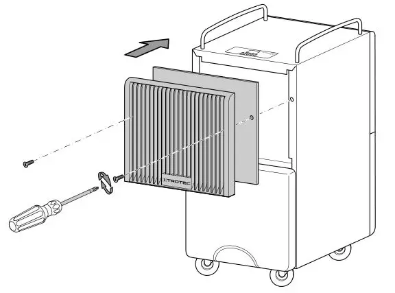 TROTEC TTK 120 E Comfort dehumidifier - Refit the air inlet by inserting and tightening both screws