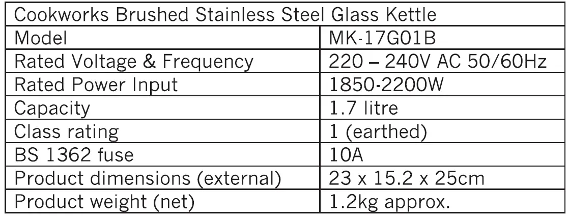 cookworks MK-17G01B Brushed Stainless Steel Glass Kettle fig 3