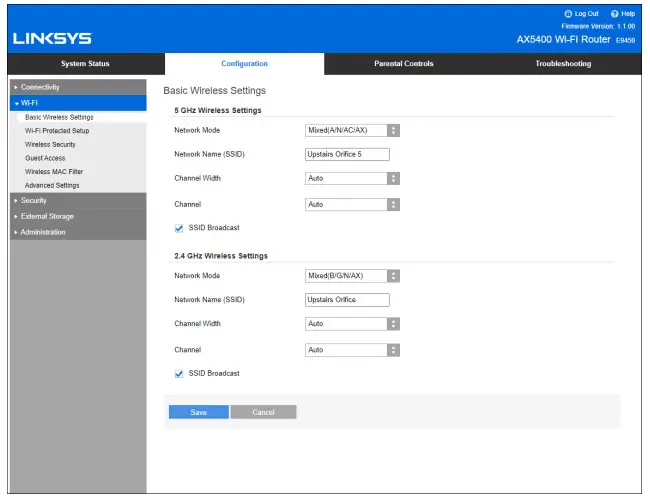 Linksys E9450 AX5400 Dual-Band Wi-Fi 6 Router -Basic Wireless Settings