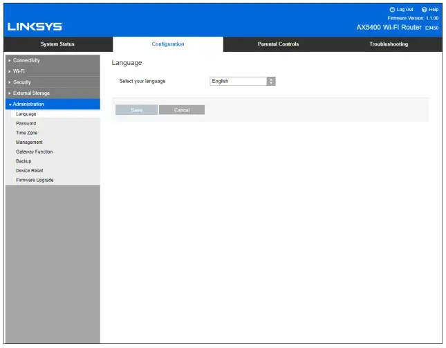 Linksys E9450 AX5400 Dual-Band Wi-Fi 6 Router -Language