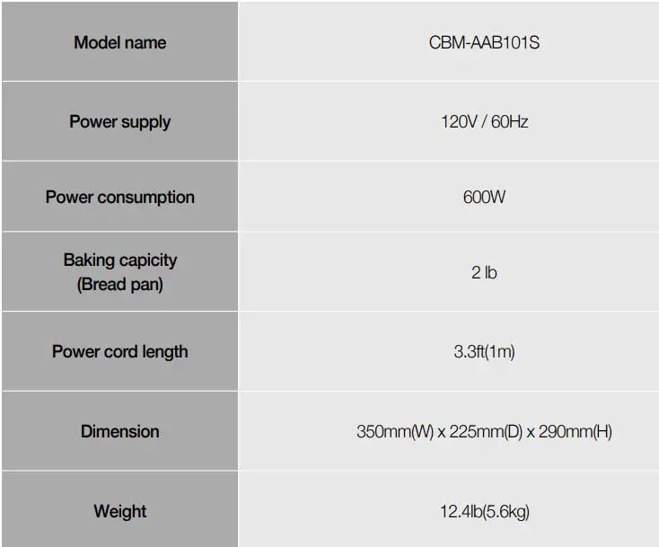 CUCKOO Compact Automatic Bread Maker CBM-AAB101S User Manual - SPECIFICATIONS
