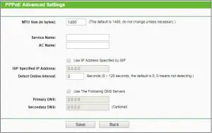 PPPoE Advanced Settings Interface