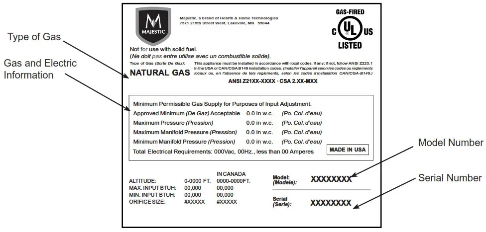 Majestic MERC32IN Mercury Direct Vent Gas- Label Information