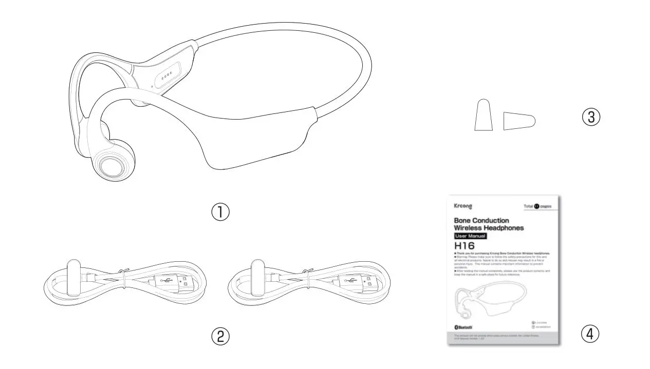 Krcong H16 Bone Conduction Wireless Headphones - Package List