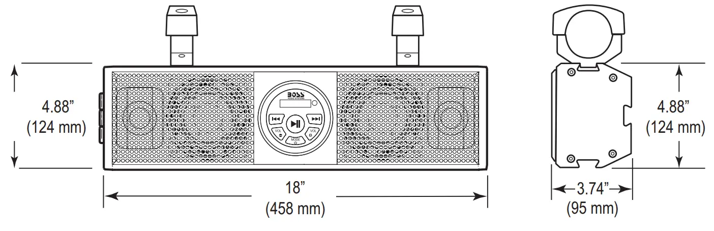 BOSS AUDIO SB18BRGB Bluetooth 18-Inch Amplified Sound Bar - Dimension drawing