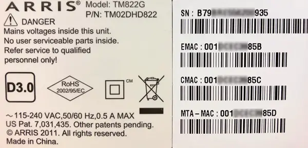 image of ARRIS TM822 MAC address