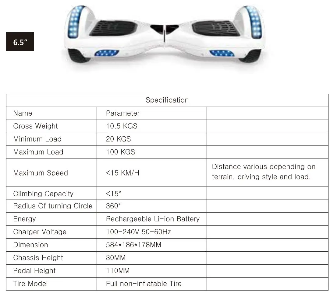 LIKE SPORTING L80000920 JD6 6.5 Inch Self Balancing Hoverboard User Manual - The specification of the electric scooter