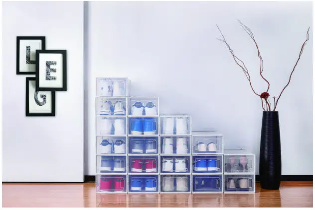 UNBRANDED SXBHPFM6Y 8-Pair Black Foldable Stackable Storage Plastic Shoe Boxes