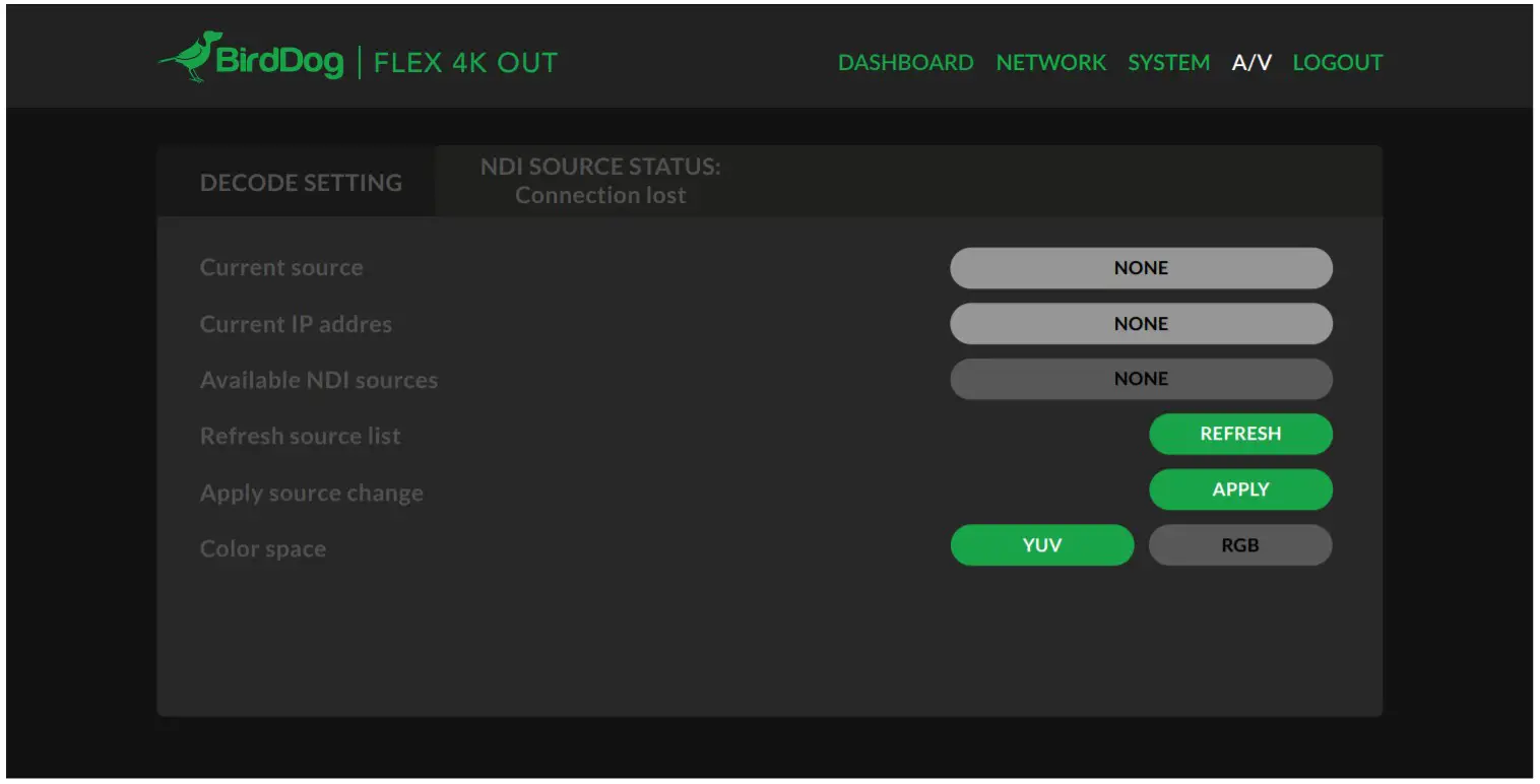 BirdDog BIBDFLEXDEC Flex 4K Out Full NDI Decoder - SETUP