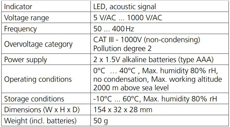 Laserliner AC-Check Non Contact Voltage Tester CAT III 1000 V LED Instruction Manual - Technical data