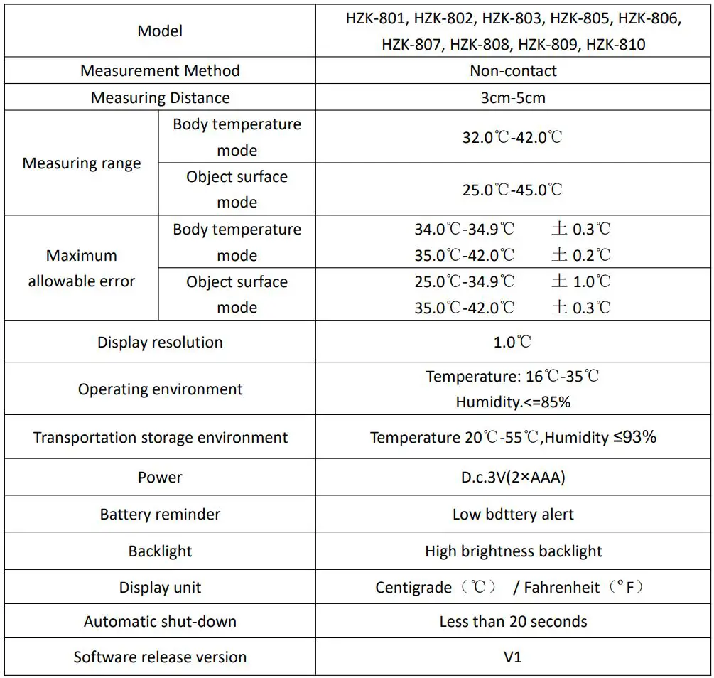 Susan HZK-801 Non-Contact Infrared Thermometer User Manual - Technical Specifications
