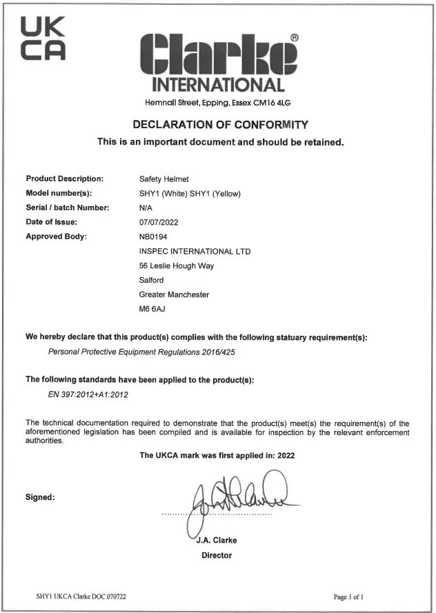 Clarke SHY1 Safety Helmet - fig 1