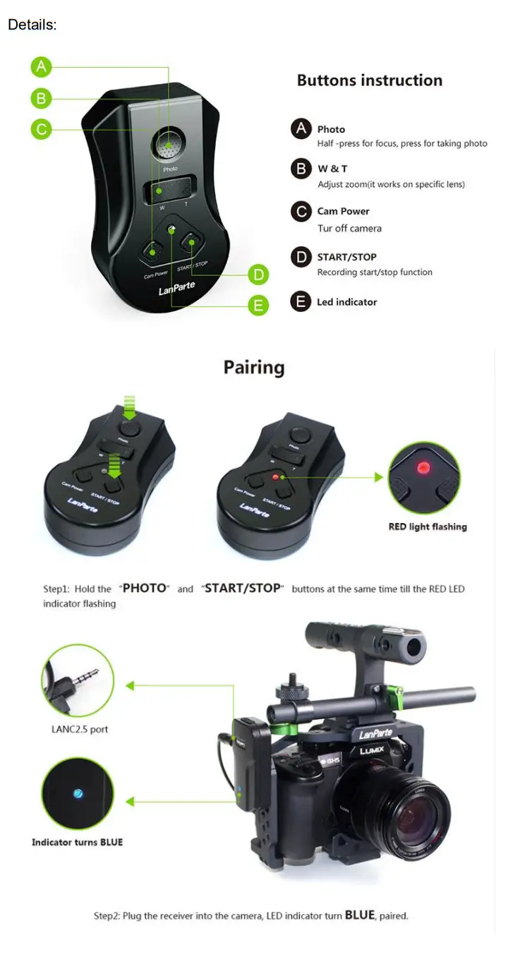 LanParte LRC 02 Wireless Remote Control Compatible with Panasonic GH4 GH5 series Cameras