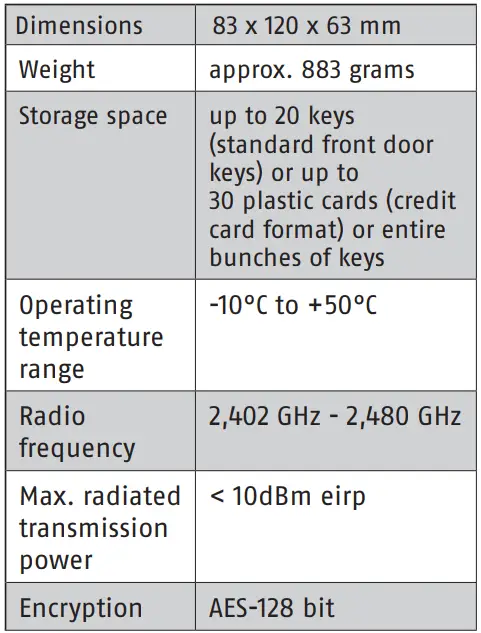 ABUS 787 797 Smart-BT Wall Mounting KeyGarage Instruction Manual - Technical data