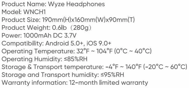 Wyze Labs WNCH1 Bluetooth Wyze Headphones User Manual - Specifications