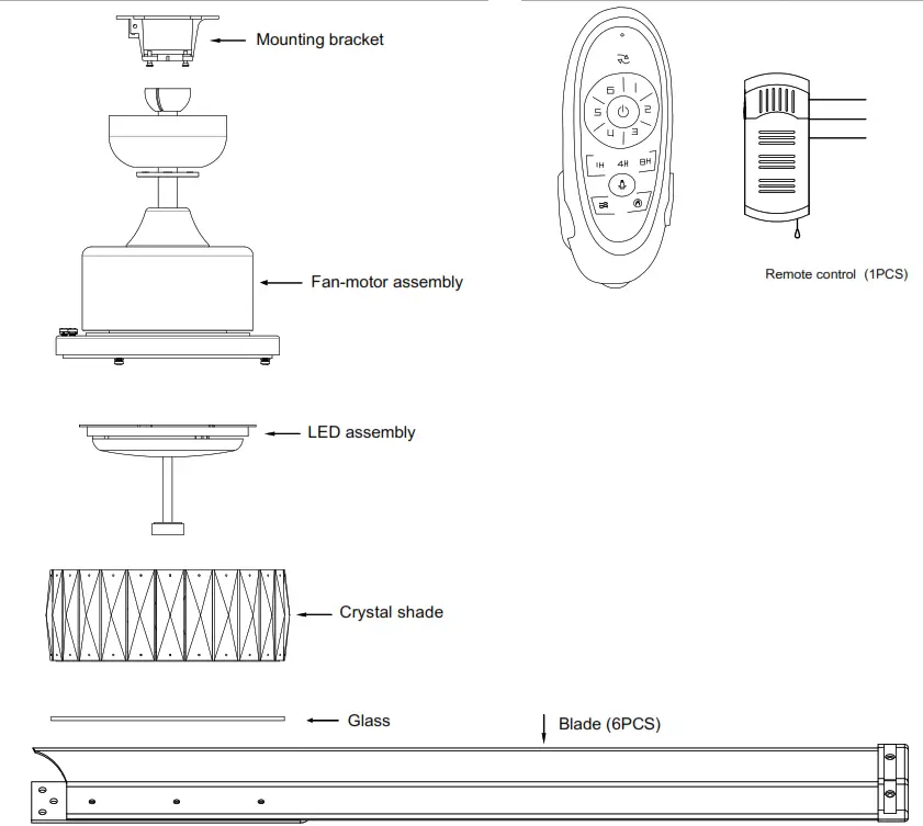 Parrot Uncle F8232110V 65 Inch Indoor Brushed Nickel Integrated LED Lighted Crystal Ceiling Fan - fig