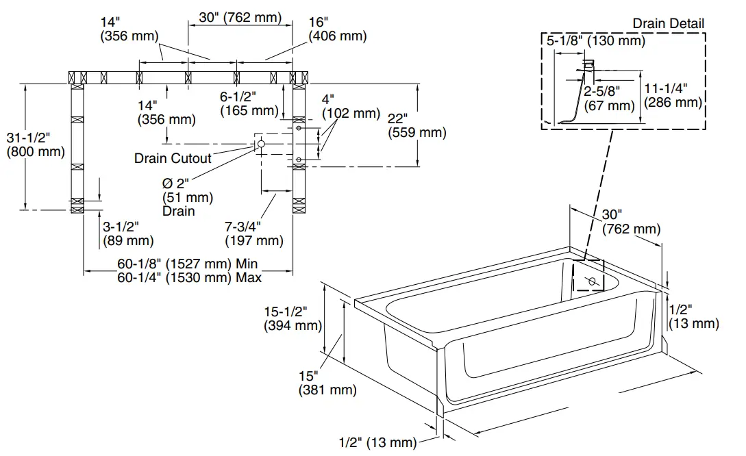 STERLING 61041120 All Pro 60 Inch Bath Right-Hand Drain - Fig 1