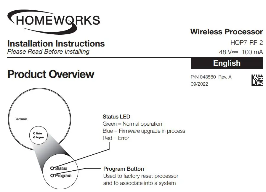 HOMEWORKS HQP7-RF-2 Wireless Processor Instruction Manual