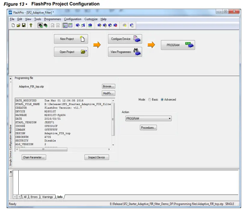 Microsemi DG0441 SmartFusion2 SoC FPGA Adaptive FIR Filter Libero - FlashPro Project Configuration