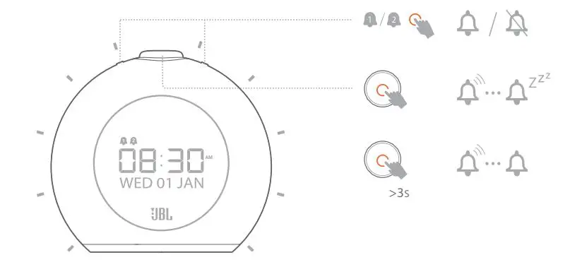 JBL HORIZON 2 DAB Bluetooth Clock Radio Speaker User Guide - ALARM ON OFF SNOOZE