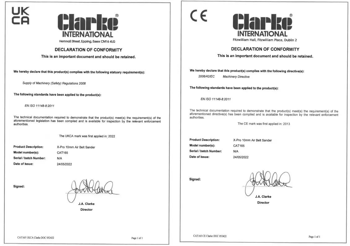 Clarke CAT165 X-Pro 10mm Air Belt Sander - certificate