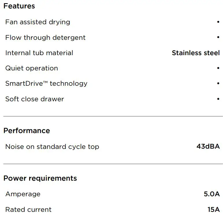 FISHER PAYKEL DD24STX6I1 Integrated Single DishDrawer™ Dishwasher, Tall, Sanitize User Guide - SPECIFICATIONS