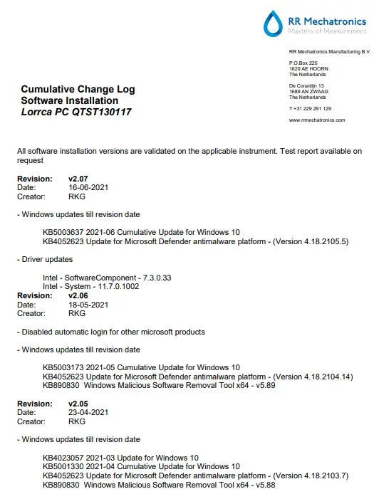 RR -Mechatronics-Cumulative-Change-Log-Software-product