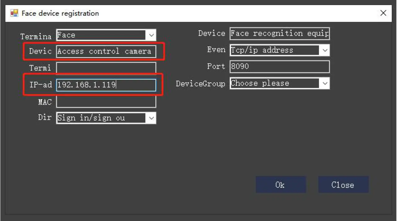 Enter the device name and display screen IP address