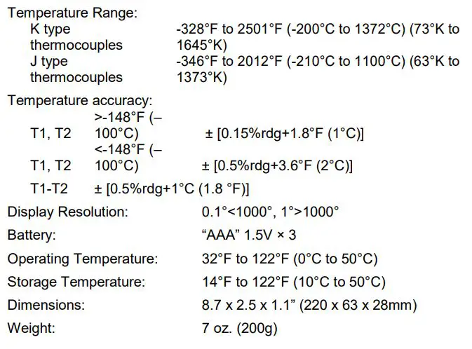 TRIPLETT TMP60 Dual Input Type J K Thermometer - Specifications