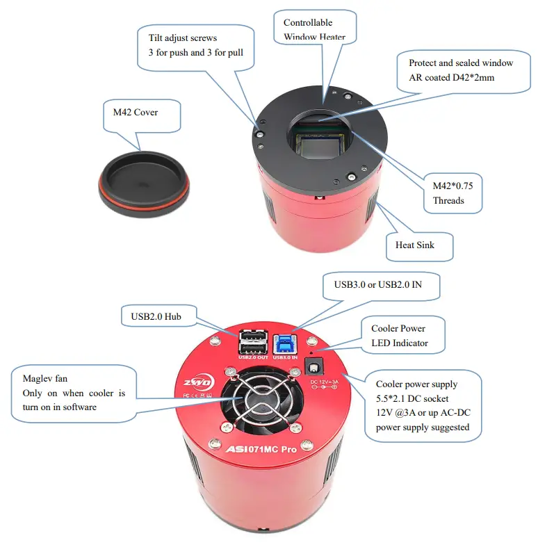 ZWO ASI071 Pro Colour CMOS Cooled Camera - External View