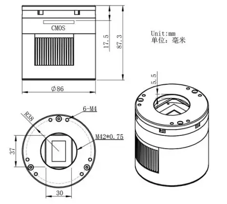 ZWO ASI071 Pro Colour CMOS Cooled Camera - Mechanical drawing